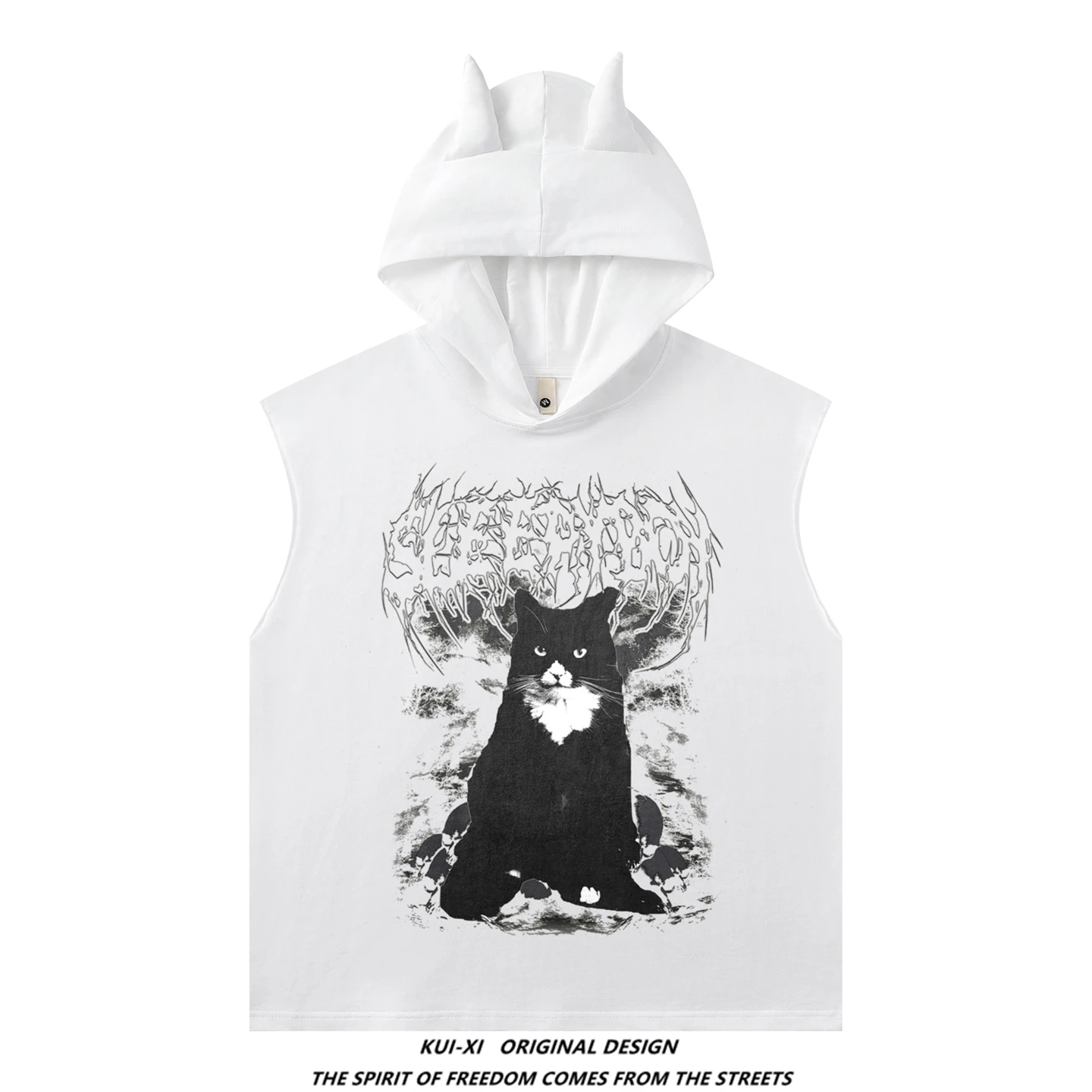 

Retro American Street Sle Print Devil Horns Hoodie Svel T-irt ex Loose Fit Summer Breathable Cotton Vest
