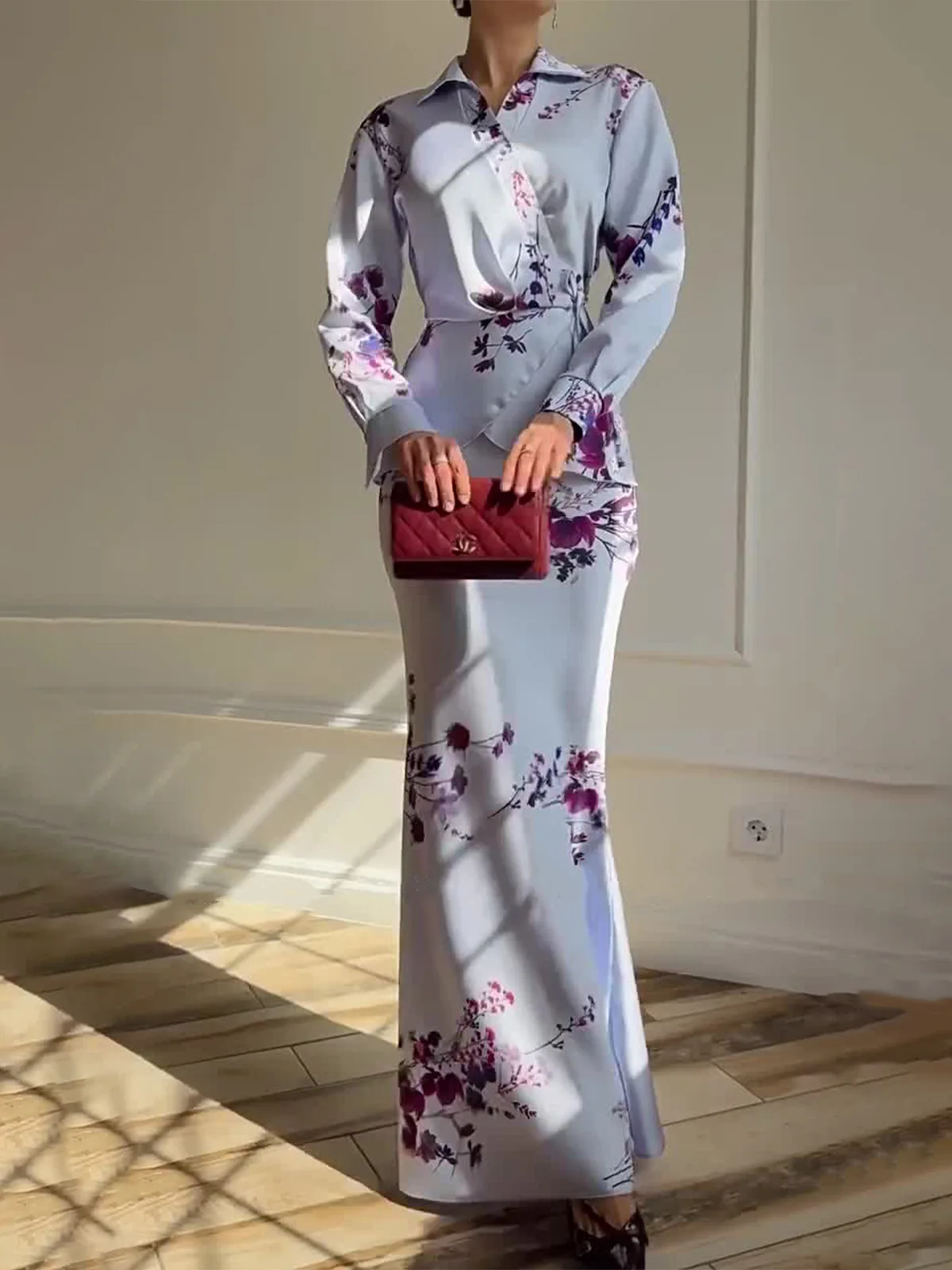 

Women Casual Long Sleeve Lace-Up Waist Print Sets Long Skirt Outfits Sexy Lapel V-neck Top & Skirts