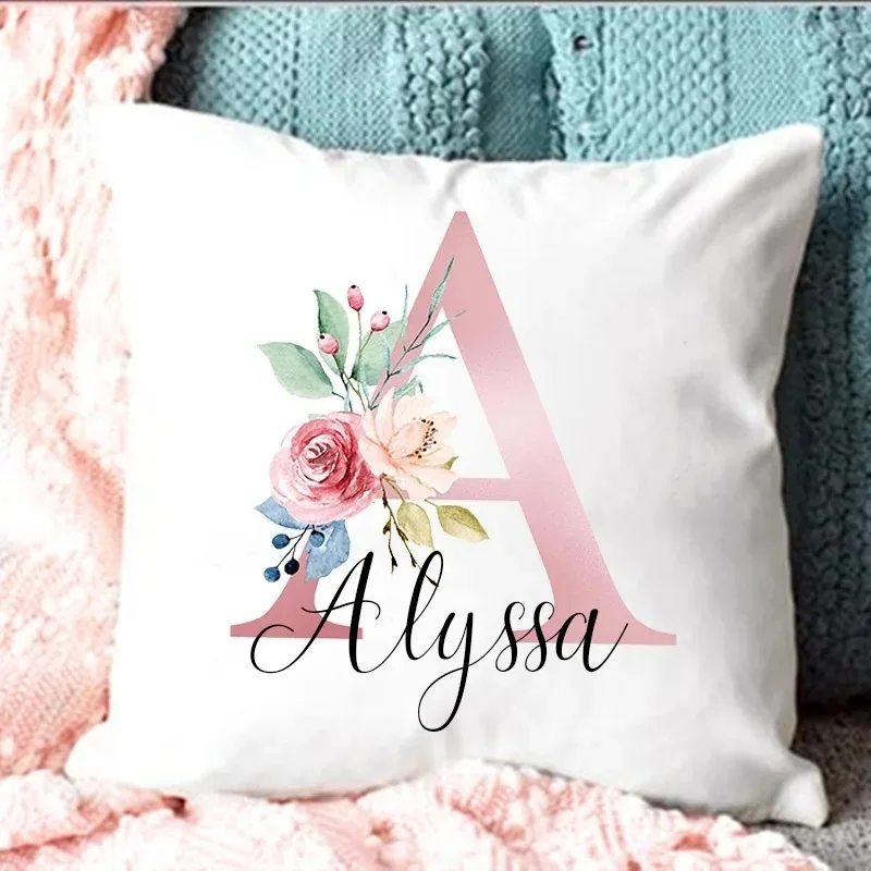 Personalised Pillow Cases Custom Initial Flower with Name Cushion Cover Decortion Pillowcase Housewarming Birthday Wedding Gifts