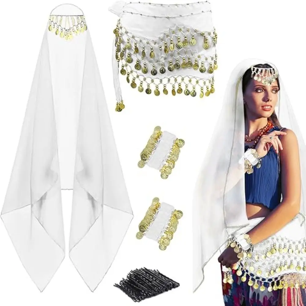 

Detachable Headpiece Women's Belly Dance Outfits Coin Wrist Bracelets Veil Accessories Belly Dancer Outfit Headdress Veil