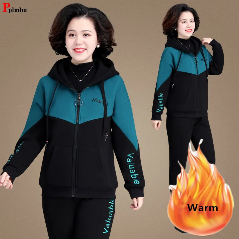 Winter Warm 2 Pieces Sets Hooded Plush Lined Tracksuit High Waist Harem Pants Suit Plush Lined Thick Jogger Woman Outfit