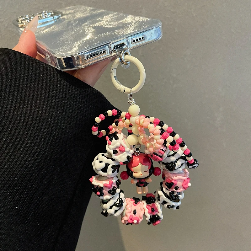 New POP BEAN Diy Beaded Kawaii Skullpanda Bean Bowknot Cute Keychian Fashion Phone Chain for Girls Bag Pendant Accessories Gift