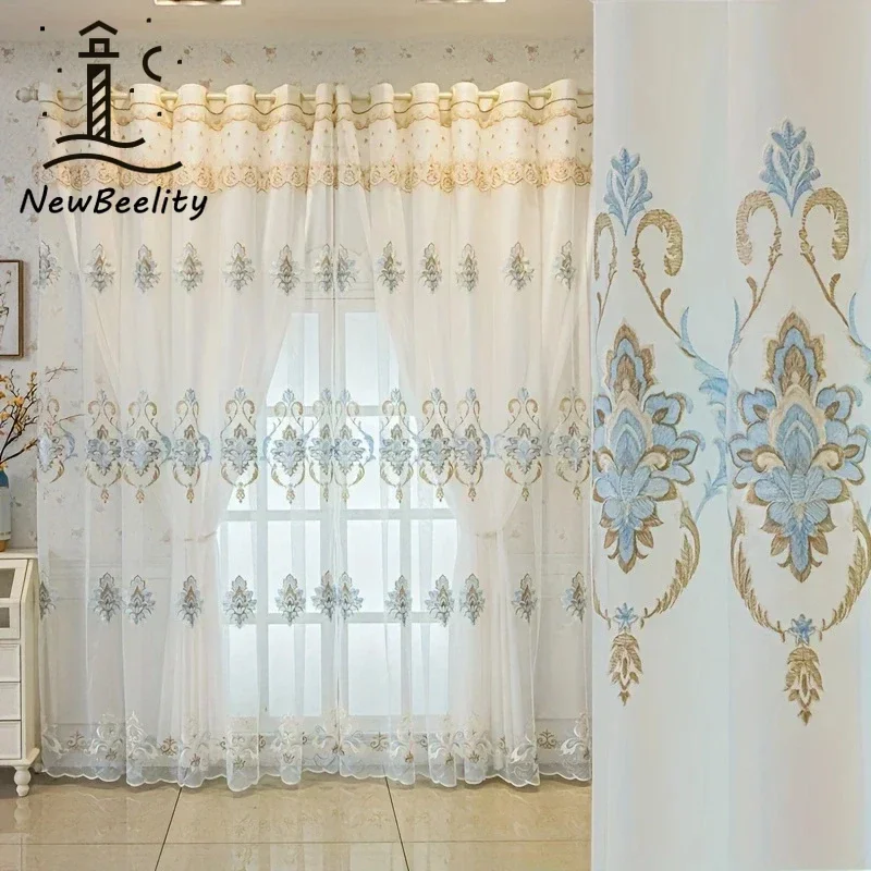 

European Luxury Curtain Elegant Embroidered Tulle Lace ValanceDouble Layer light or Living Room Bedroom
