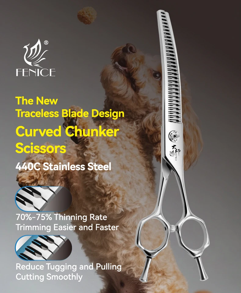 Fenice 7/7,5 Zoll professionelle Haustierpflegeschere, gebogene Chunker-Schere mit kleinen Zähnen, Hunde-Friseurschere 70–75 % – Detail 1