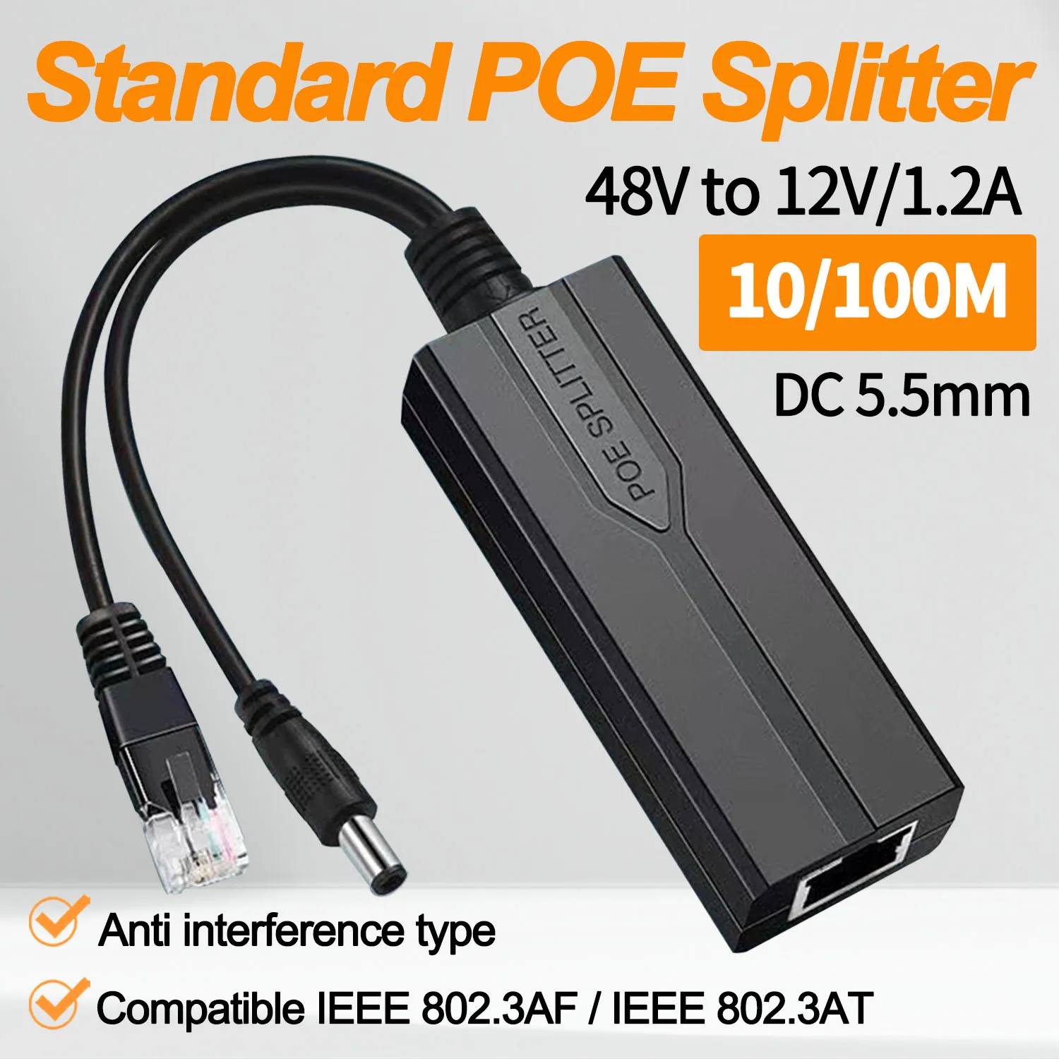 POE Splitter Adapter Active Adaptive Separator Cable Supply Module Injector Non-Isolated  48V to 12V DC For Video And Power 1.2A