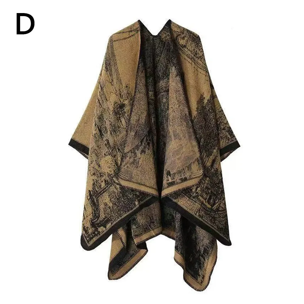 

Повседневный свободный вязаный пуловер, накидка с двусторонним принтом, элегантный стиль, женский плащ, теплая тканевая толстая накидка гинкго, женская верхняя одежда