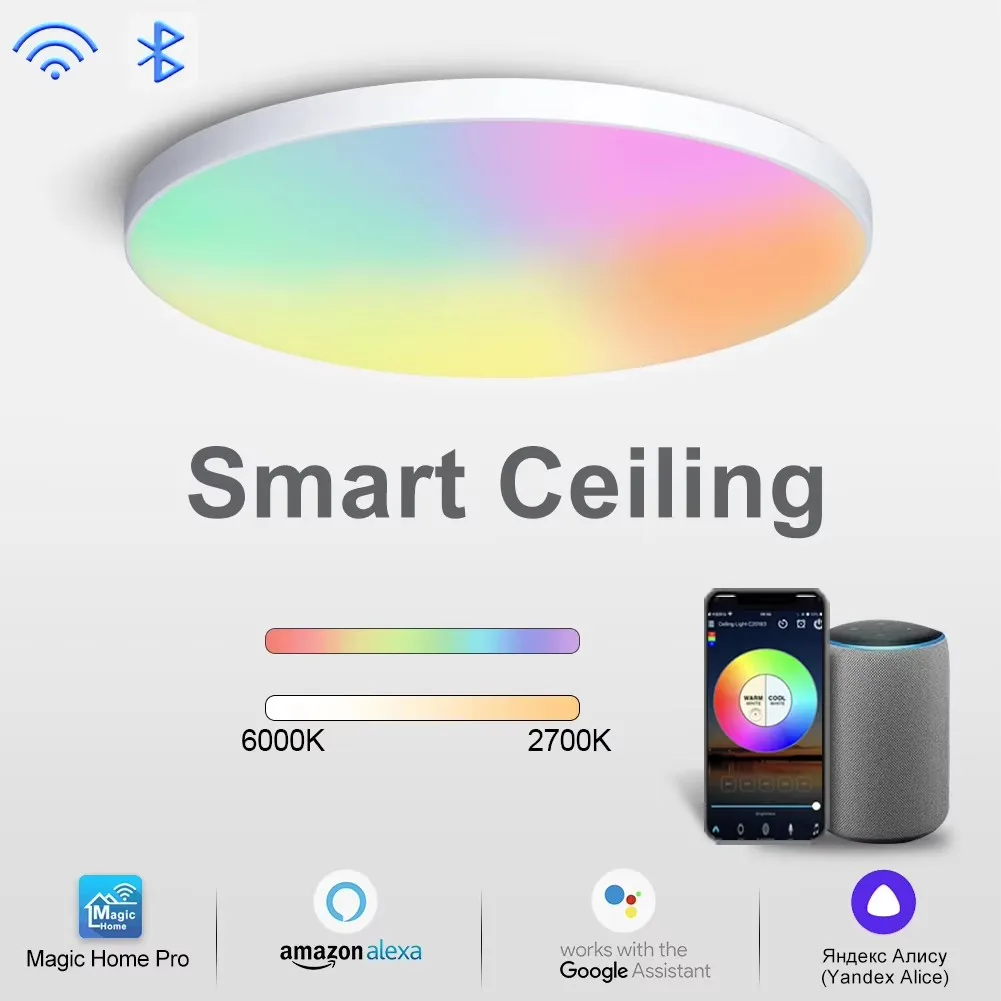 Lámpara de techo inteligente RGBCW, luz de techo con aplicación Wifi, Control por voz con Alexa Yandex, luces LED de 30W para decoración de sala de