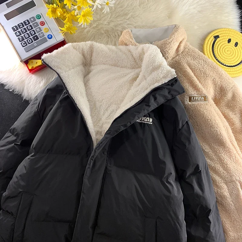 Men Two Sides Lambswool Winter Puffer Jacket 2023 Oversized Vintage Bubble Coat Warm Outwear Fur Parkas