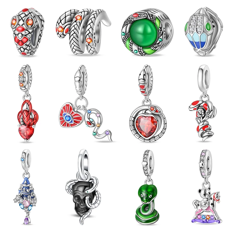 New 925 Sterling Silver Fashion Small Green Snake Rose Spirit Snake Charms Beads For Brand Original Bracelet DIY Jewelry Gift