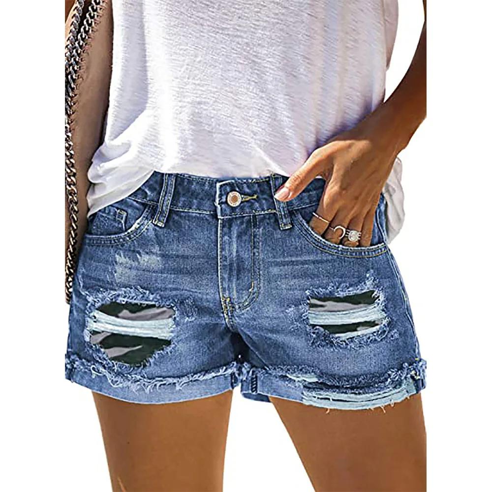 Dames léopard Patch mariné Denim orts rue Sle décontracté coton l taille été Faion pantalon à jambes larges