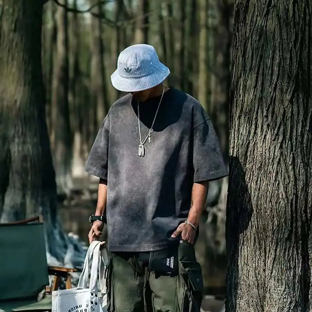 

2025 High Quality New Men's Vintage Washed Short Sleeve T-Shirt 230g Casual round Neck Fashion Top