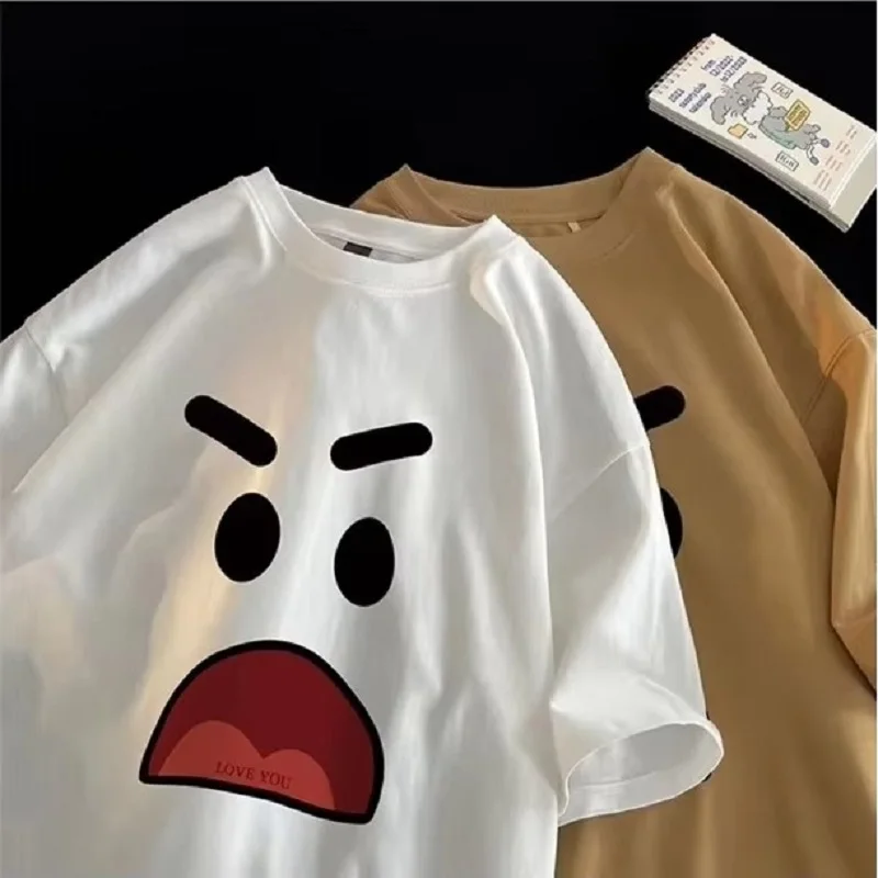 8XL الكورية فضفاضة تناسب المألوف العصرية الأمريكية الرجعية التعبير تي شيرت مطبوع جولة الرقبة عارضة الرجال متعددة الوظائف زوجين مجموعة