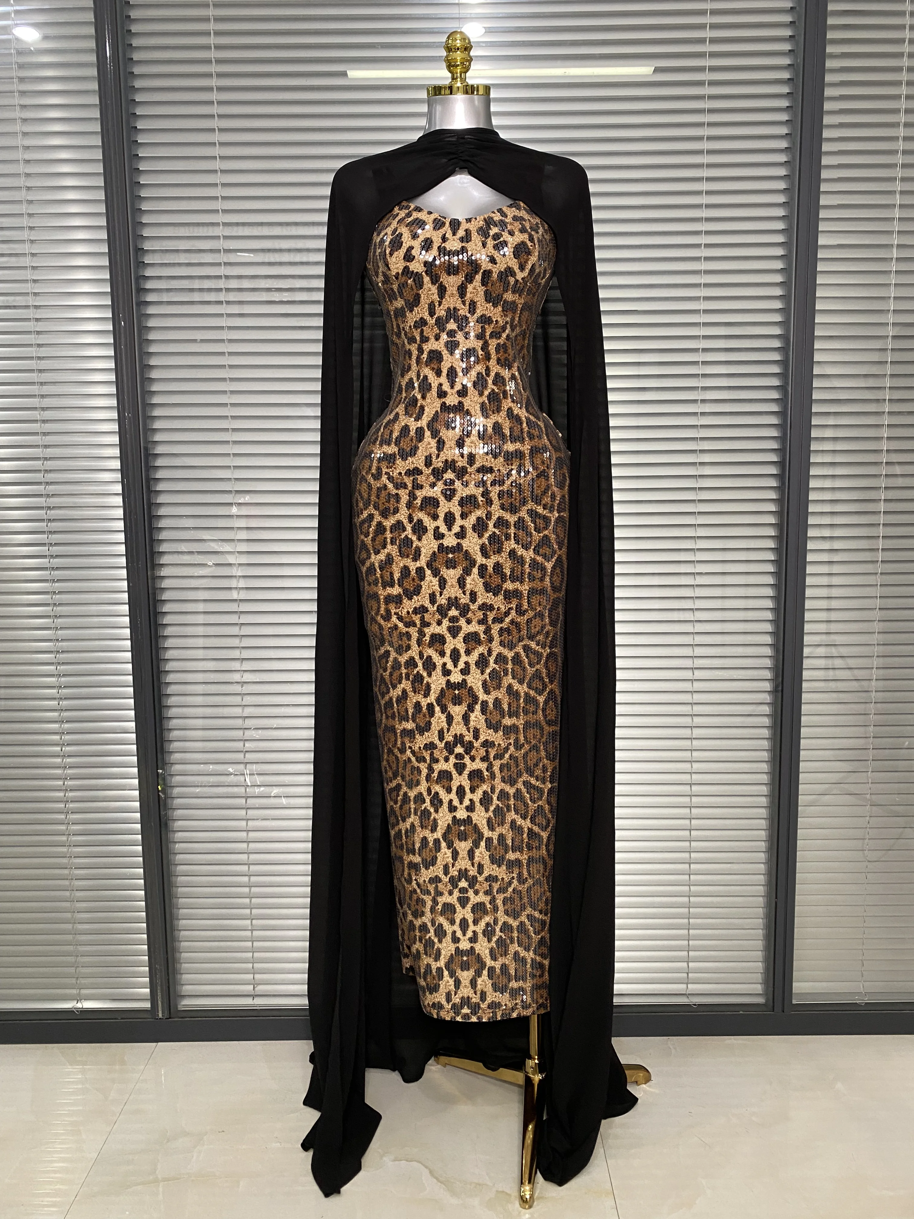 Luxury Sequined Women Sexy Leopard Bodycon with Cape Maxi Long Birthday Dress Evening Party Celebrity Prom Gowns