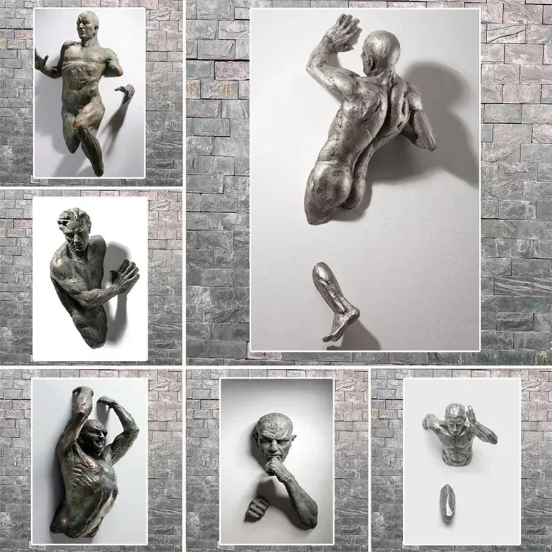 3D Sculpture Man Coming Out of Wall Abstract Figure Home Decor Canvas Printed Mural Poster Statue Art Living Room Modern Cuadros