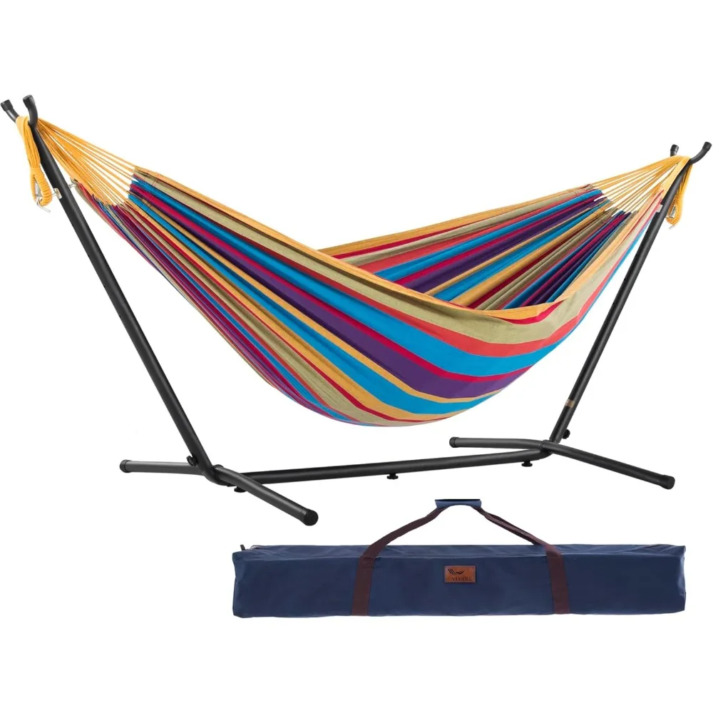 

space-saving steel stand double cotton hammock with upgraded polyester end strings, 450 lb capacity, includes premium carry bag