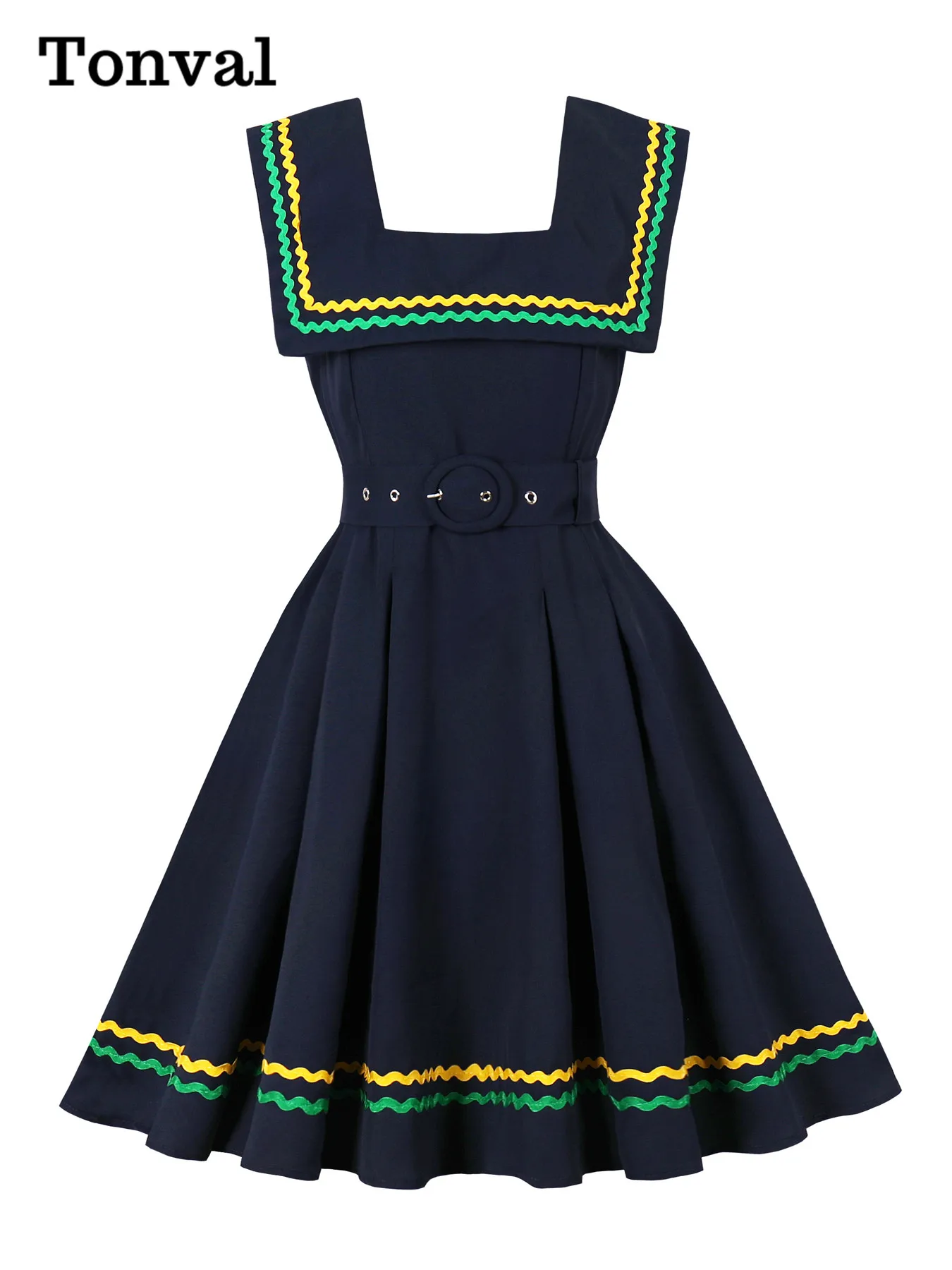 Tonval Contrast Webbing Square Neck Sleeveless Swing Pleated Women Dresses Summer Prom Birthday Party Vintage Swing Dress