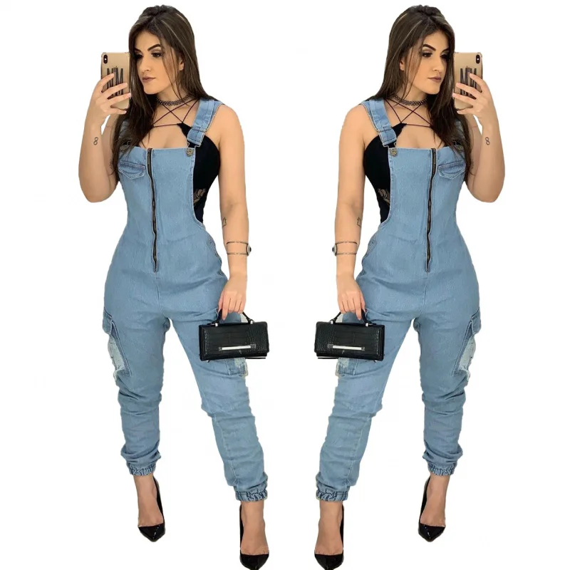 SMR9590Amazon Cross-Border Models  Europe and America Cross Border Sexy Fashion Denim Women's Wear Slim-Fit Suspenders Jumpsuit