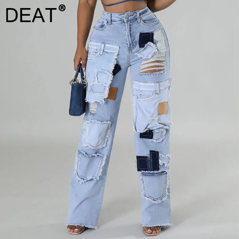 

DEAT Women's Fashion Patchwork Contrast Color Broken Hole Denim Long Pants 2024 Winter New High Waist Trendy Jeans 33A2404