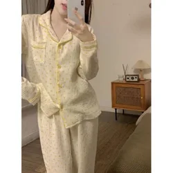 Floral Sleepwear Women Pajama Sets Autumn Piiama Korean Pants Sets for Women 2 Pieces Button Night Wears Pocket Home Suit 2024