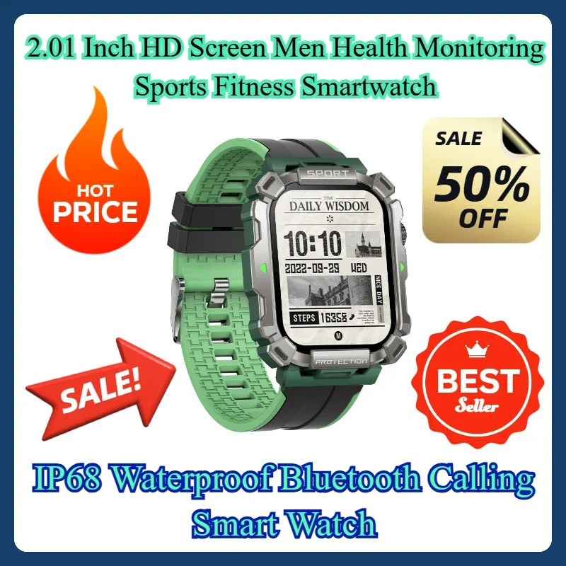 

IP68 Waterproof Bluetooth Calling Smart Watch 2.01 Inch HD Screen Men Health Monitoring Sports Fitness Smartwatch