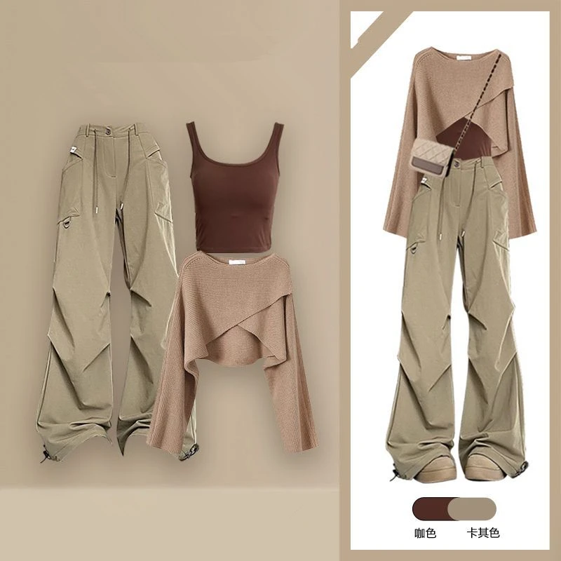 Women's Autumn Winter Safari Style Trousers Sweater Vest 1 or 3 Piece Set Lady Casual Knit Tops Cargo Pants Outfits Falls Suits