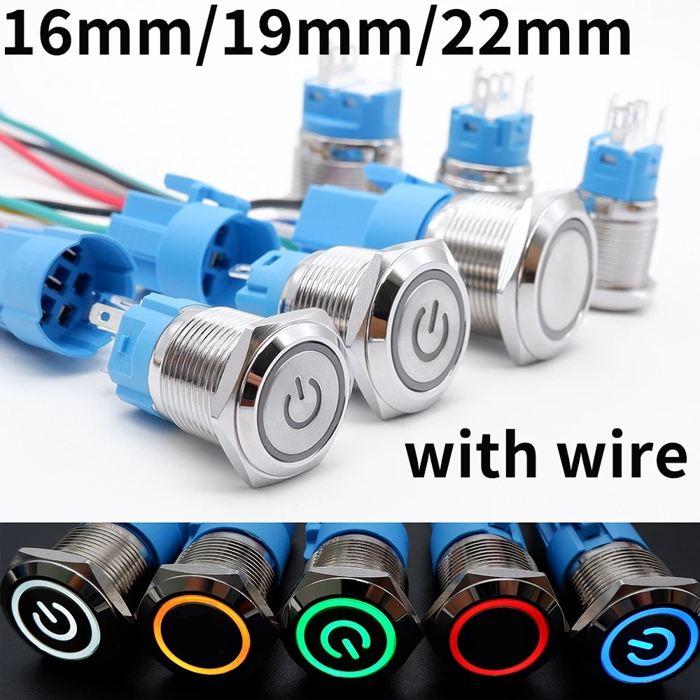 16mm 19mm 22mm Metal Push Button Switch Led Backlit On Off Car Engine Power Start Stop Waterproof With Wire 1NO1NC 5V 12V 220V