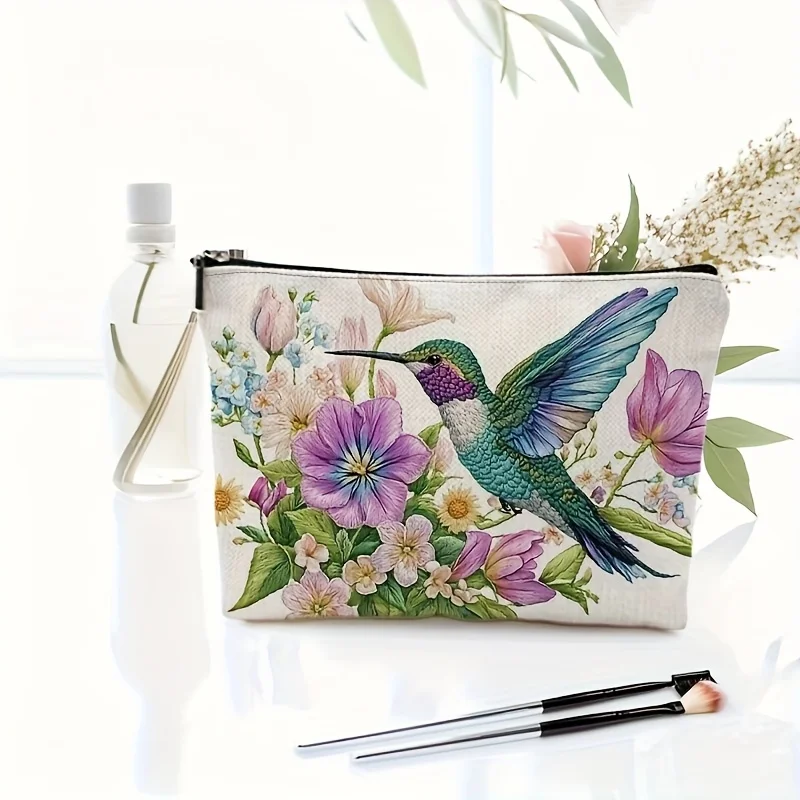Tas riasan burung kolibri putih yang cerah dan bermotif bunga - kantong ritsleting multifungsi yang lucu untuk wanita, tas penyimpanan perhiasan