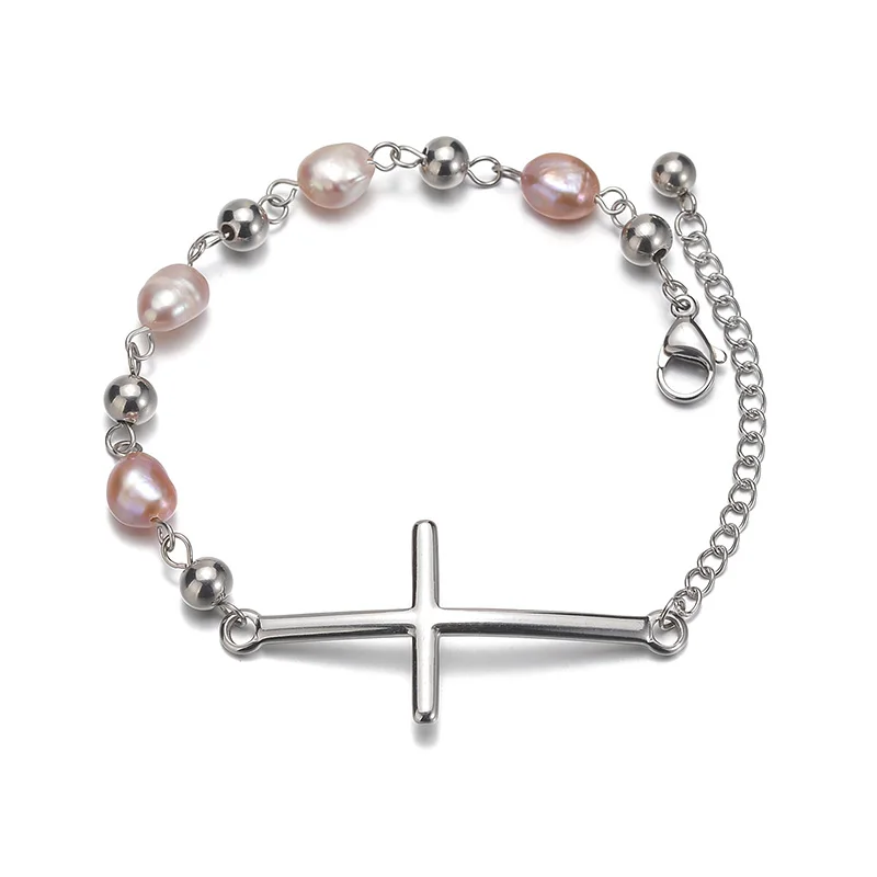 Bracelets for Women Pink Imitation Pearl Stainless Steel Silver Color Cross Chain Fashion Jewelry Festival Gift