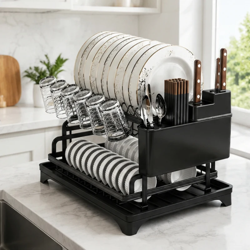 

2-Tier Swivel Metal Storage Rack, No-Drill Kitchen Shelf with 360° Drainboard, Built-in Utensil Holder, Space-Saving Dish