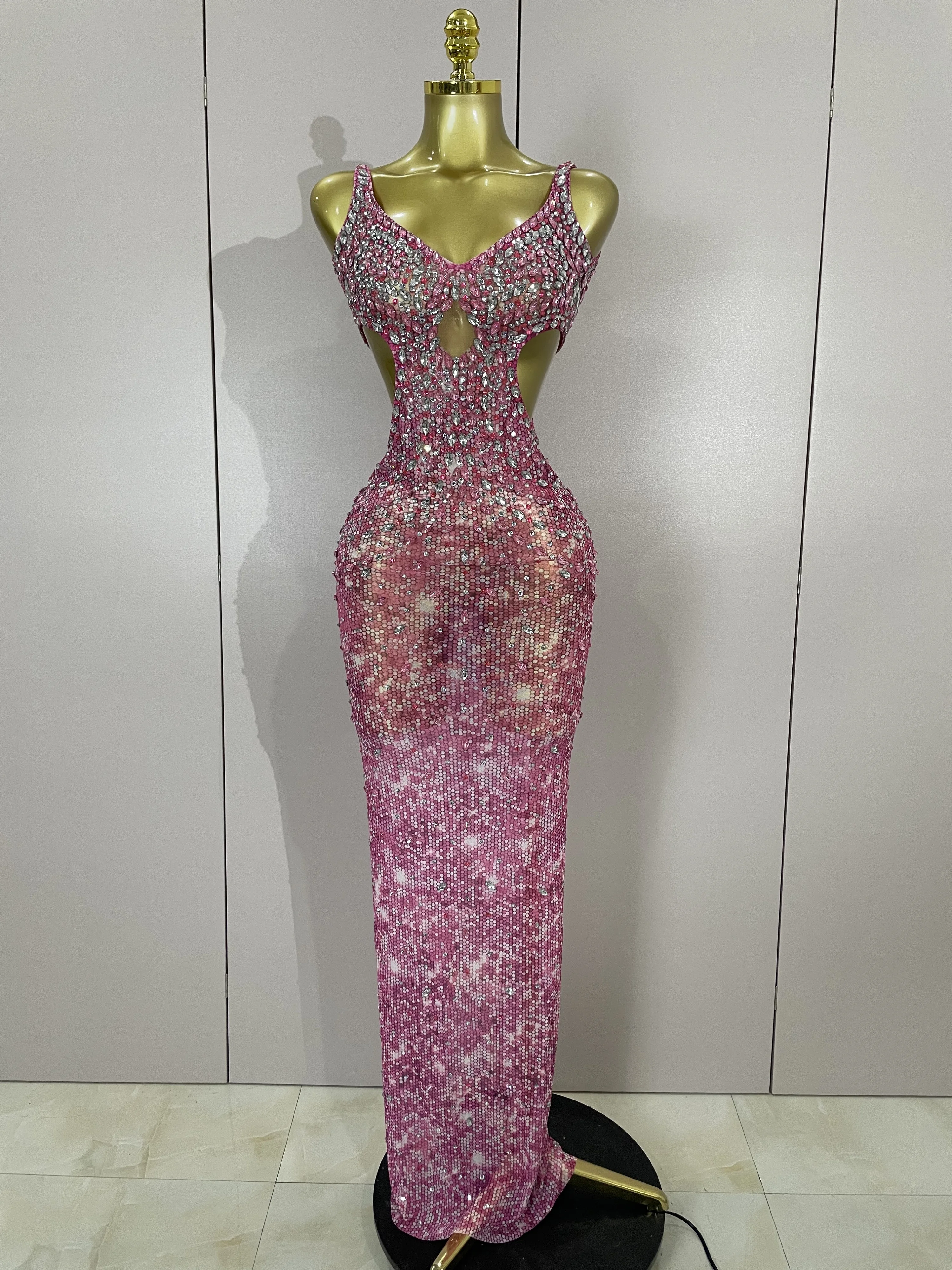 Robe longue de luxe en maille transparente pour femmes, strass scintillants, Sexy, ajouré, soirée, fête d'anniversaire, Costume de scène Nnigthclub
