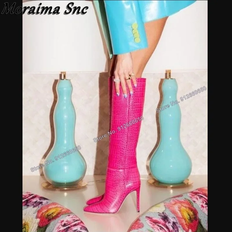 

Moraima Snc Solid Pink Stone Print Pointed Toe Boots for Women Slip on Knee High Boots Stilettos High Heels Runway Shoes on Heel