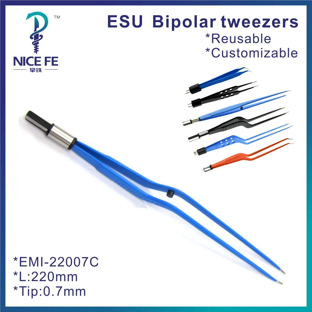 

Reusable IEC Blue Bipolar Forceps Bipolar tweezers Curved for Electrosurgical unit，L: 22 cm ,tip 0.7mm биполярный пинцет