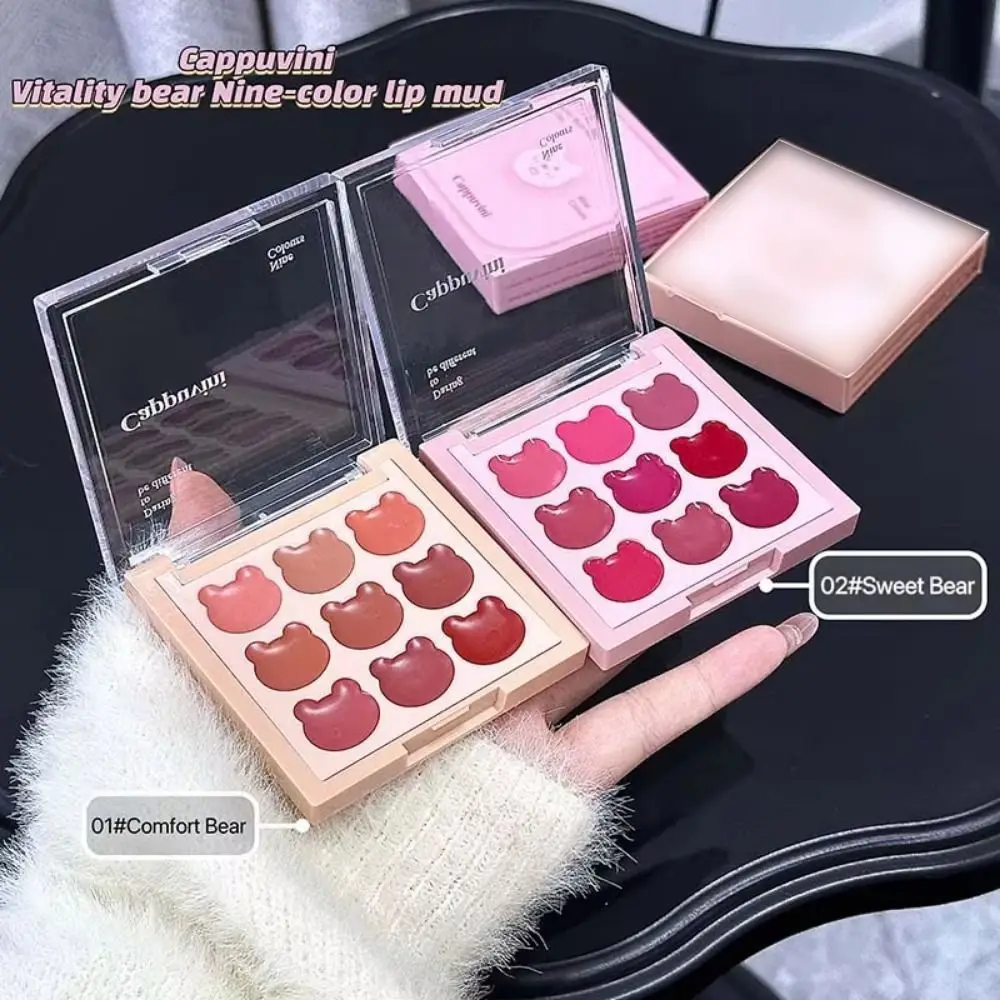 

9-цветная грязь для губ с медведем, милая гладкая текстура, розово-красный блеск для губ, антипригарная чашка, долговечный оттенок для губ с медведем, крем-палитра, косметическая
