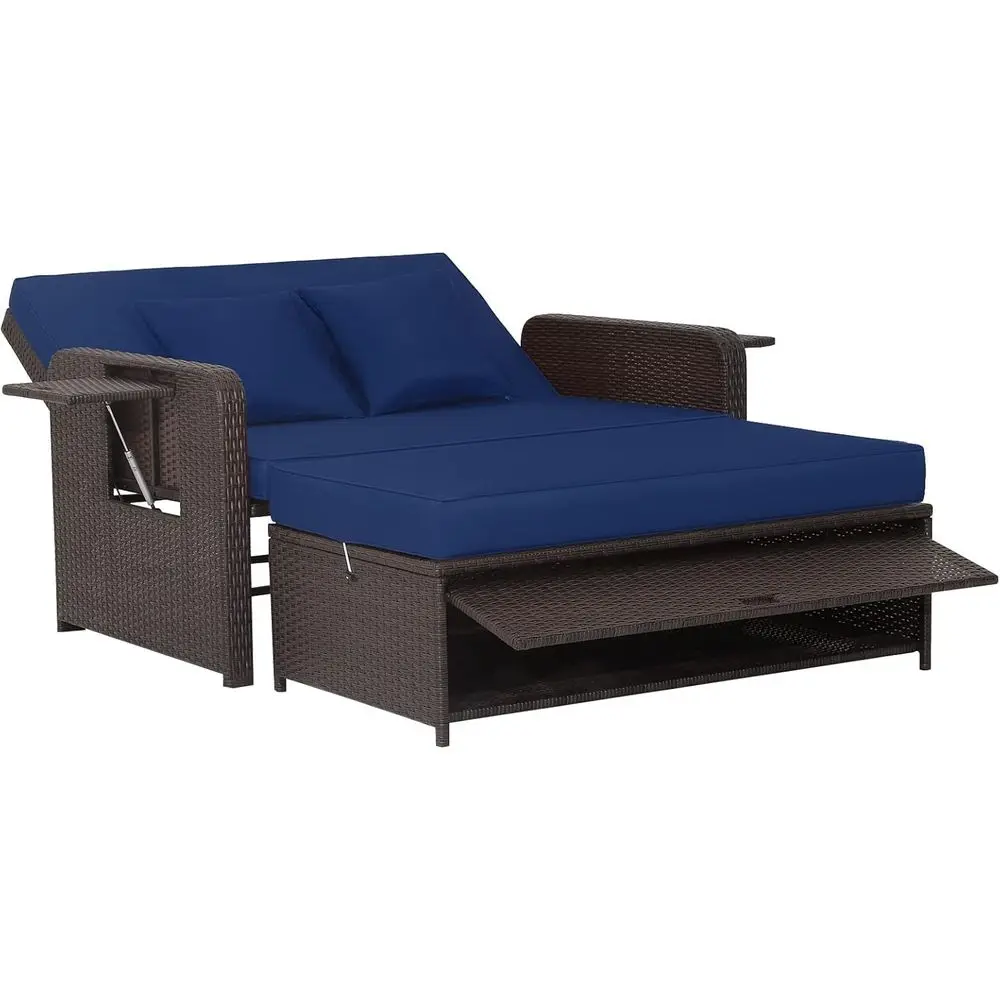 

Outdoor Rattan Daybed with Cushions, Storage Ottoman, Adjustable Backrest, Versatile for Patio, Garden, and Pool in Navy