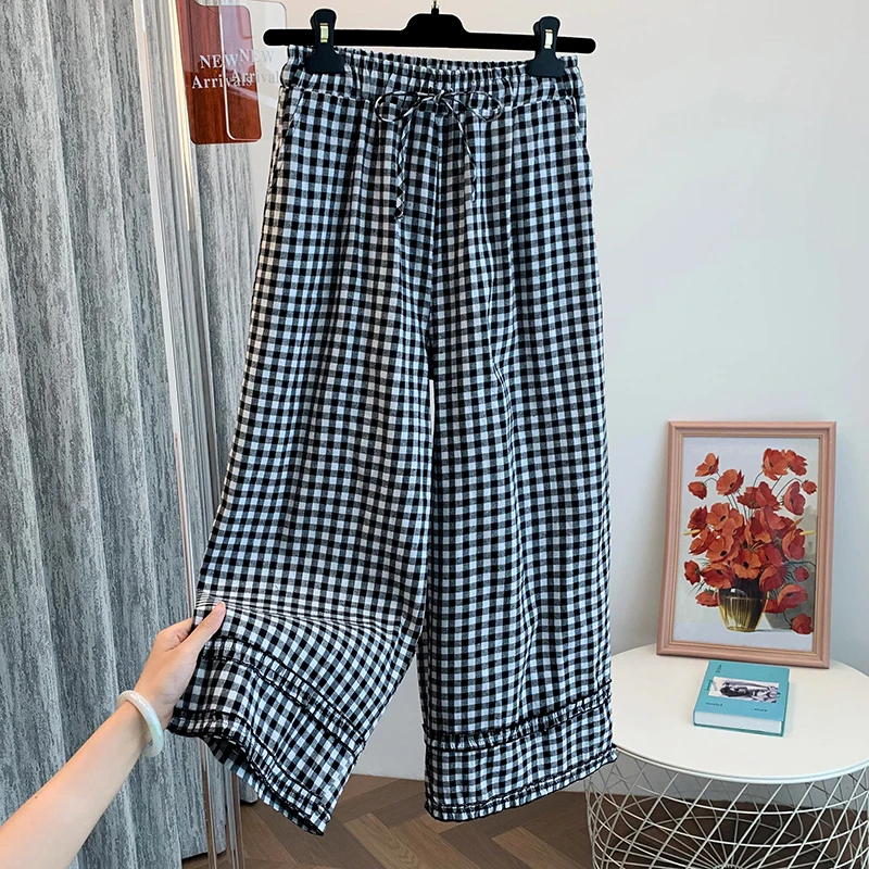 Pantaloni casual a quadretti a vita alta coreani Sle Donna Estate Nuova vita elastica Pantaloni slim dritti a gamba larga Dettaglio in pizzo Pendolarismo...