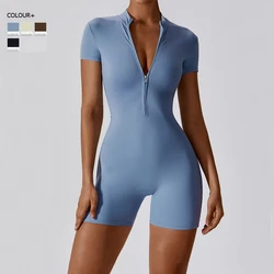 Women Summer Gym Jumpsuit Solid Color Stretchy Soft One Piece Yoga Set Breathable Slim Fit Workout Running Short Sportswear