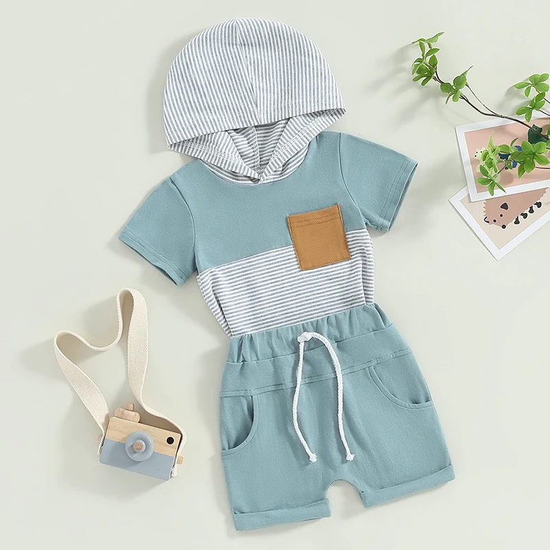 Toddler Baby Boys Summer Shorts Outfits Short Sleeve Hoodie Color Block Stripes T Shirt and Shorts Clothes Set