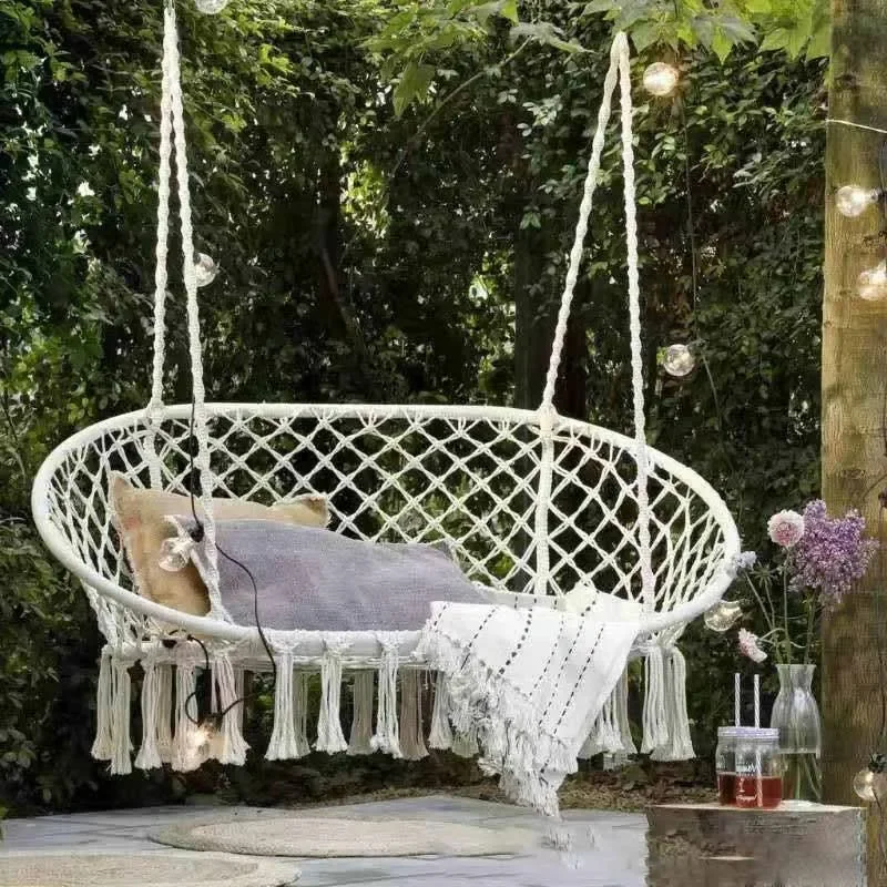 

Double Hammock Chair Macrame Hanging Swing with Cushion Hanging Cotton Ropes, Metal Frame, 450 lbs Capacity Indoor Outdoor,Patio