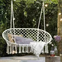 Double Hammock Chair Macrame Hanging Swing with Cushion Hanging Cotton Ropes, Metal Frame, 450 lbs Capacity Indoor Outdoor,Patio