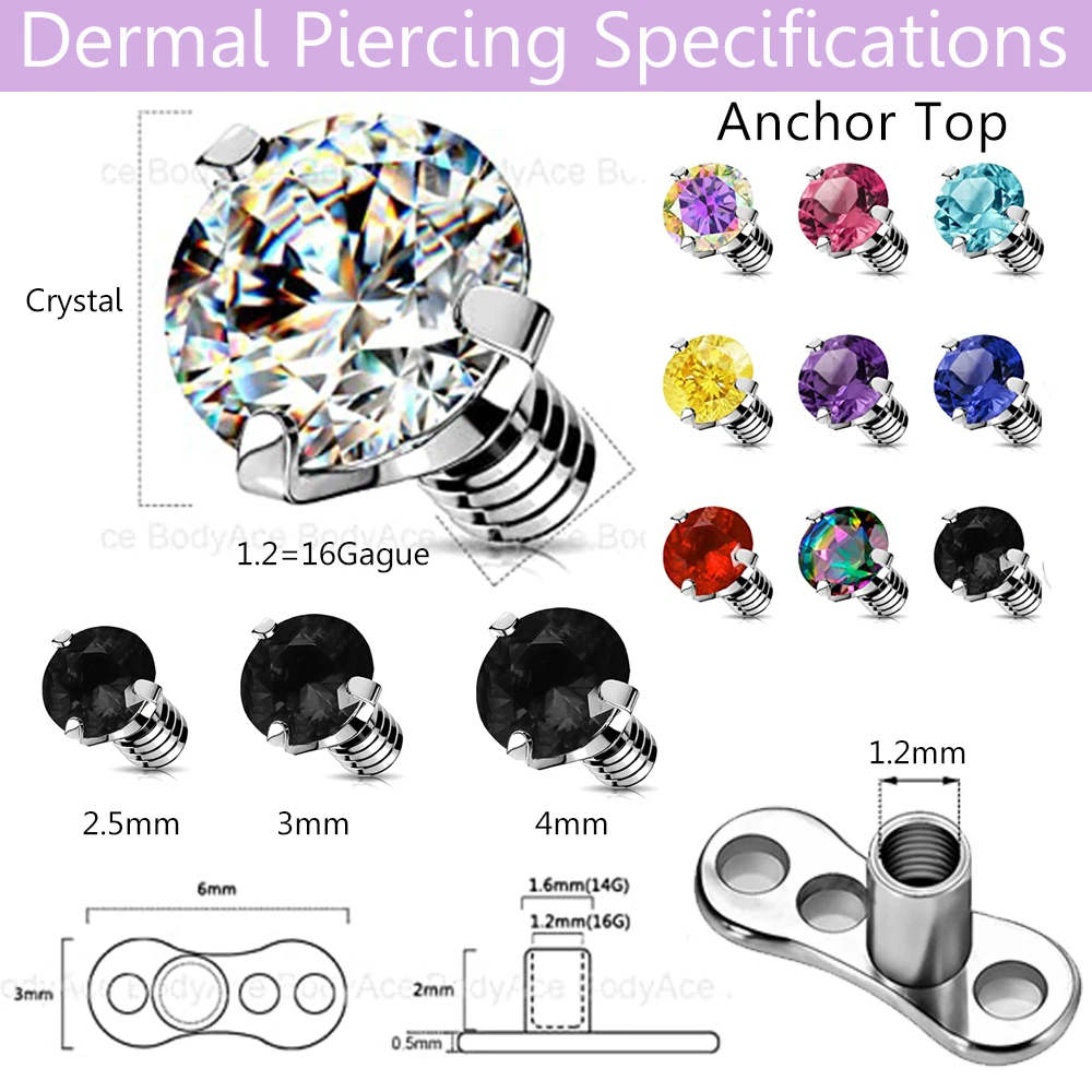 AOEDEJ 10-12 PCS 14G Zircon Dermal Anchor Piercing Women Colorful Gem Micro Skin Diver Dermal Top Jewelry Hide-in Body Piercings