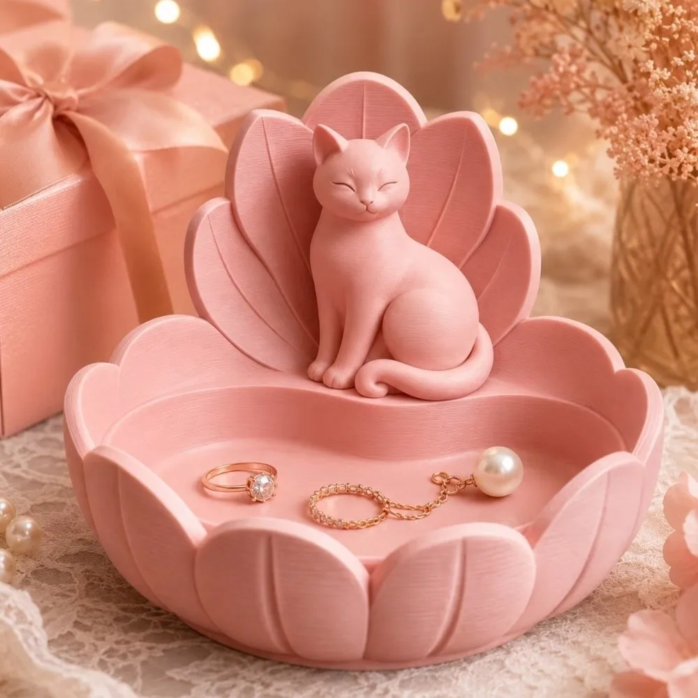 Cute Lotus Cat Jewelry Storage Tray 3D Printed Lotus-Shaped Cosmetic Storage Dish Stable Base Plastic Trinket Dish Desktop
