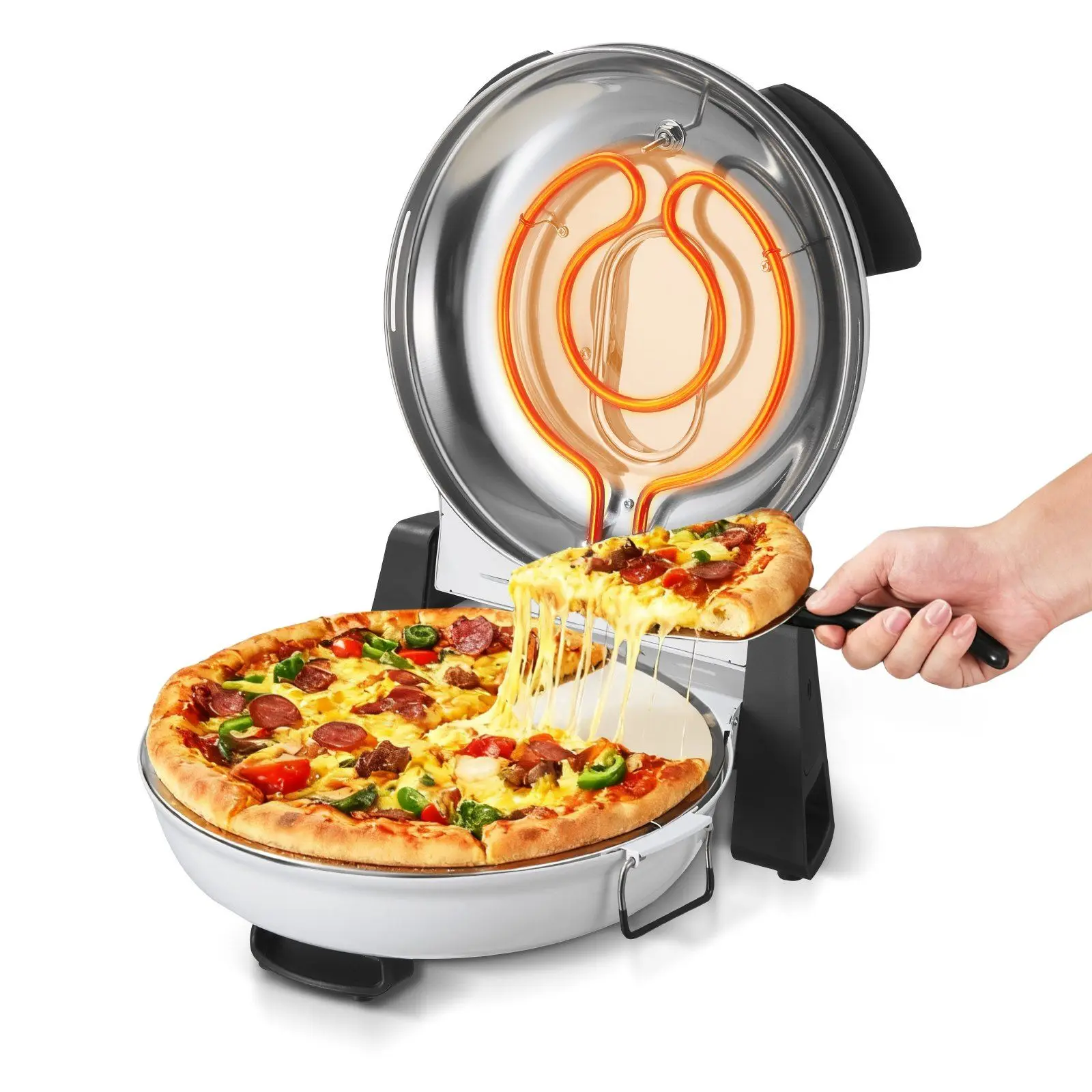 

Pizza Oven, 12 in Electric Pizza Maker, 1200W Electric Pizzas Cooker with Cordierite Stone, 5-Mode Temperature Control, Viewing