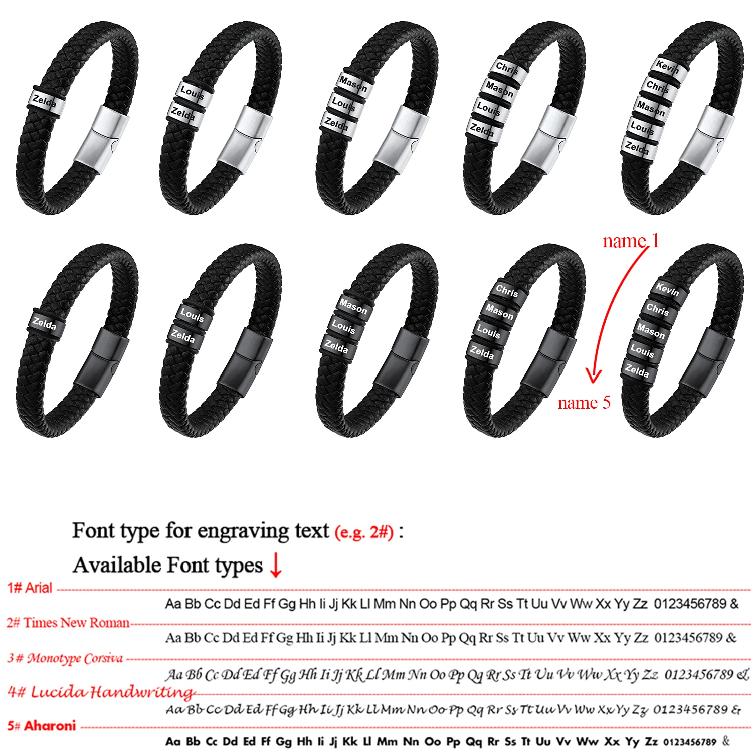 U7 12mm Wide Black Leather Custom Family Names Bracelets for Man Stainless Steel Bead 19/21/23cm Wristband Bracelet for Him
