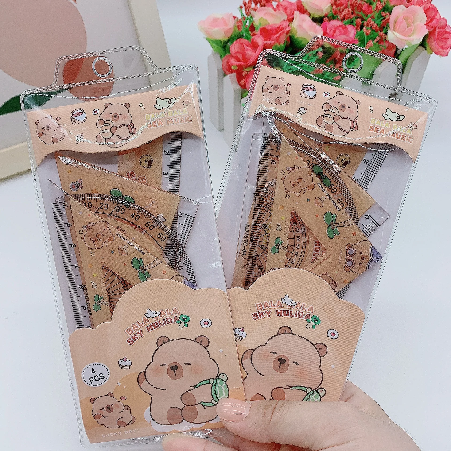 New 4 in 1 Cute Capybara Cartoon Ruler Stationery Set Multifunctional Combination Ruler Ruler Triangle Protractor Drawing gift