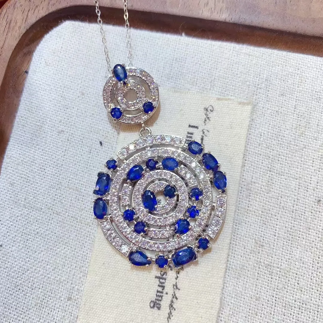 Natural Sapphire Pendant Necklace, 925 Silver Inlaid 3*4mm Main Stone, Multi-layer Ring Design, Free Silver Chain