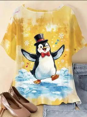 Women Crew Neck Short Sleeve T‑shirt Funny Surfing Orange Cat Sunglasses Ocean Wave Summer Sun Tie‑Dye Print Casual Tops