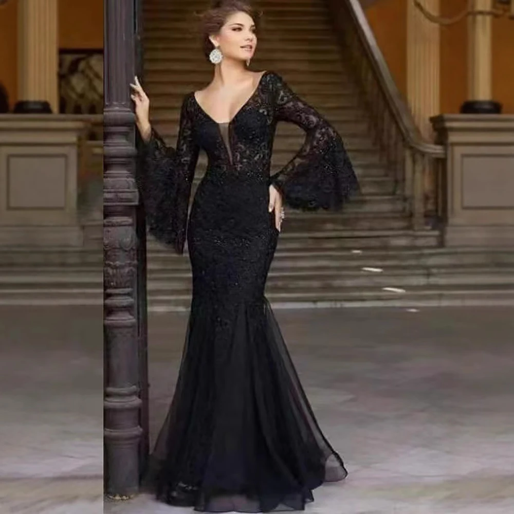 Mulheres rendas em camadas malha elegante vestido de noite transparente manga alargada magro com decote em v maxi vestido fishtail casamento convidado vestido feminino