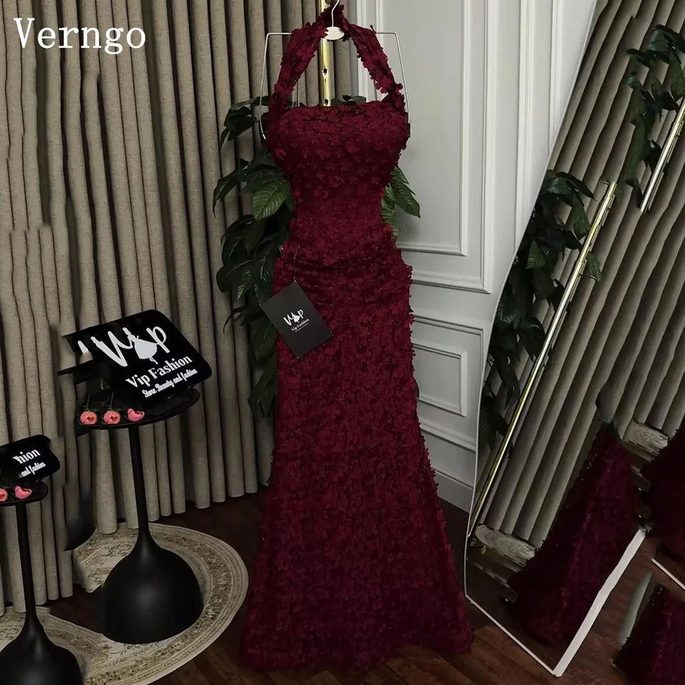 Verngo Burgund 3D Blumen Ballkleider Halter Meerjungfrau Luxus Formelles Anlasskleid Saudi-Arabien Partykleider Maßgeschneidert