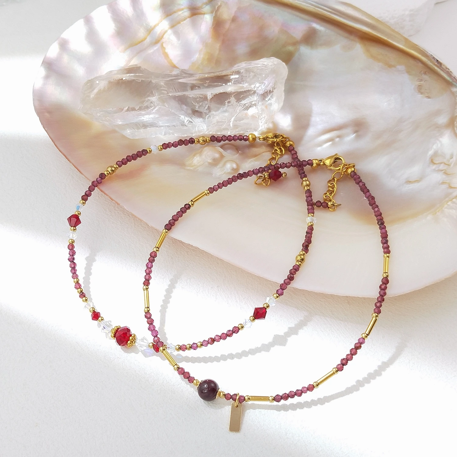 

Lii Ji гранат натуральный камень 2 мм с хрустальным бисером браслет 24 + 3 см ручной работы Bohe модные украшения для женщин