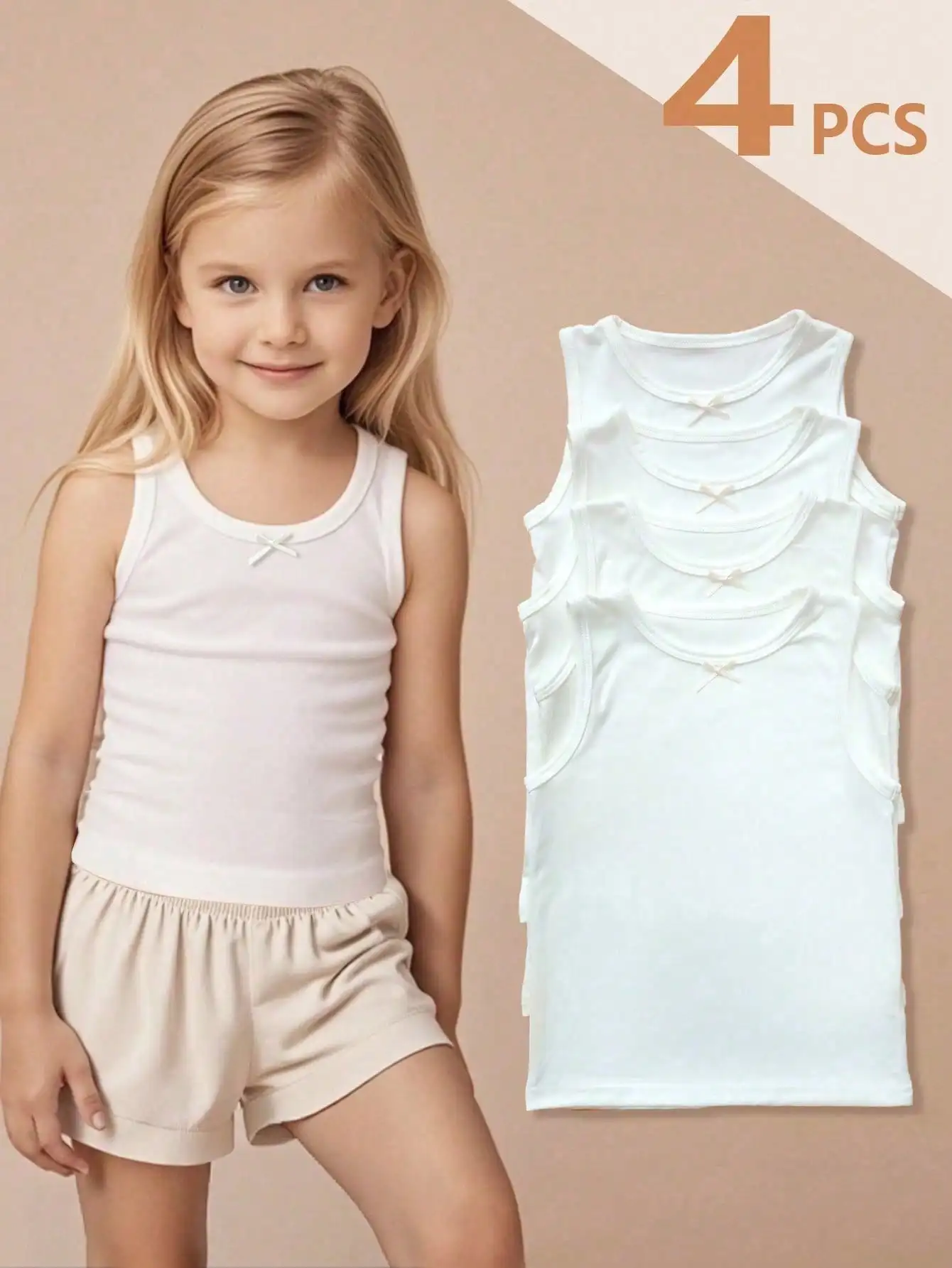 4Pack Kids Girls Bow Sleeveless Tank Tops Elastic Polyester Spandex Soft Undershirt Toddler Daily Casual Bottoming Vest T-Shirt